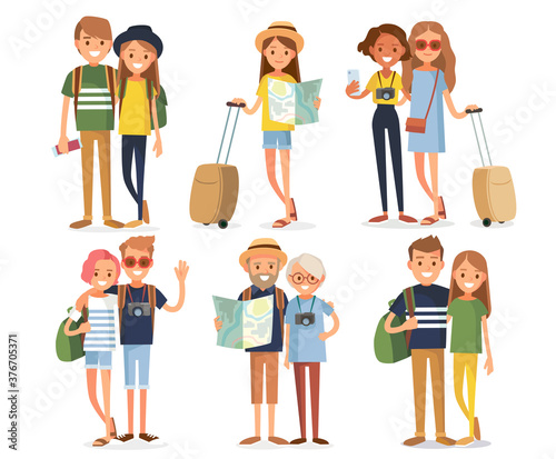Big set group of diverse flat cartoon characters people travelers tourists in different poses standing together isolated on white background. Crowd people. Casualy looking dressed men women.Vector