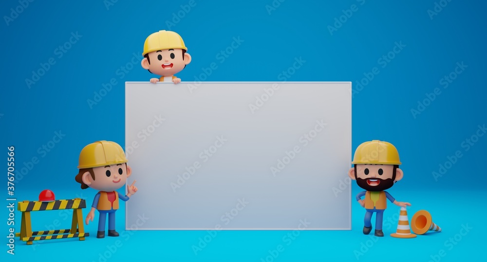 Fototapeta premium 3D render concept illustration of cute worker characters wearing hard hat and blank sign for your message