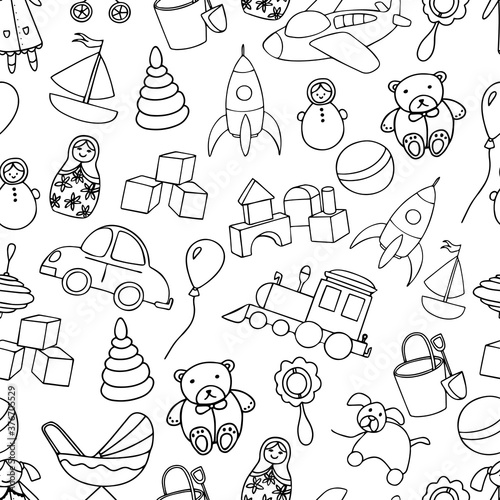 Wallpaper Mural Cute toys seamless pattern. Outline elements isolated on white background. For background, textile, baby shower, fabric print, wrapping paper. Hand drawn vector illustration Torontodigital.ca