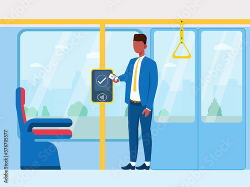 A man paying for public transport using his smartphone. Flat vector illustration