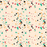 Colorful messy dots, triangles background. Festive seamless pattern with round shapes. Grunge dotted texture for wrapping paper, web. Vector illustration. 