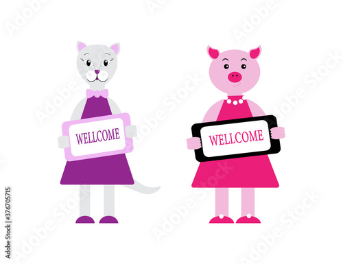 Wallpaper Mural Set of cute characters keeping the Wellcome plate. Vector illustration in cartoon flat style. Domestic animals cat and pig Torontodigital.ca