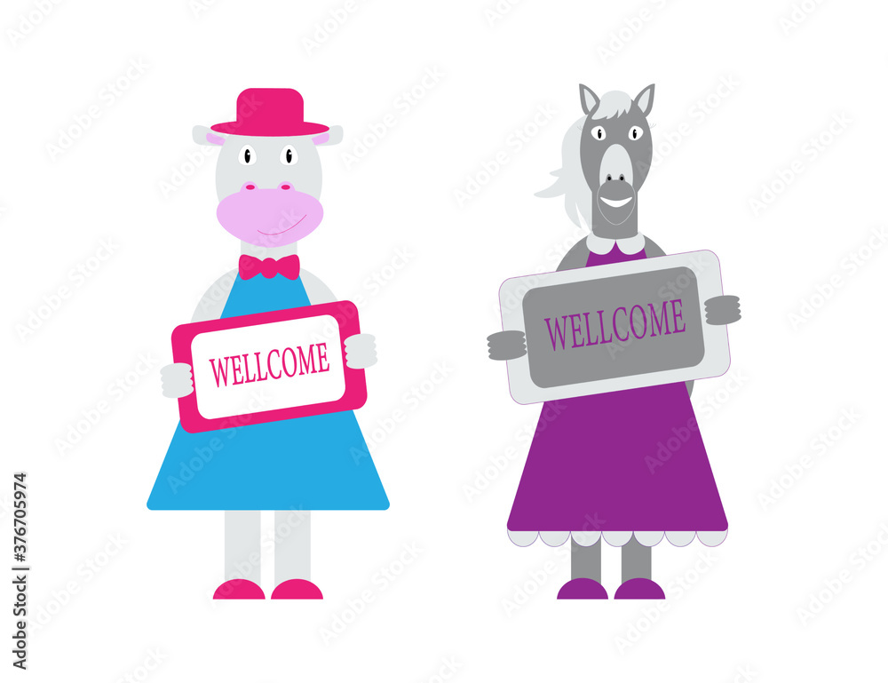 custom made wallpaper toronto digitalSet of cute characters keeping the Wellcome plate. Vector illustration in cartoon flat style. Farm animals cow and horse