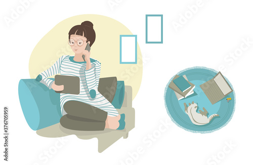 Télétravail, travail, bureau, confinement, freelance, travailleur indépendant, dessin de presse, concept, illustration. 