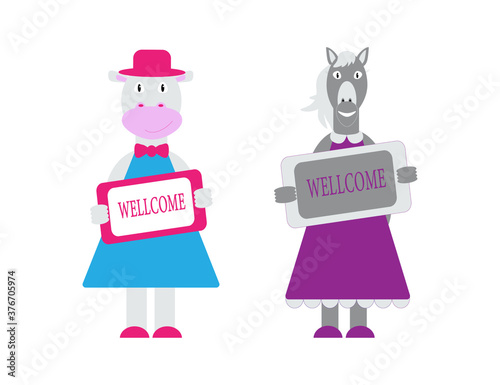 Wallpaper Mural Set of cute characters keeping the Wellcome plate. Vector illustration in cartoon flat style. Farm animals cow and horse Torontodigital.ca