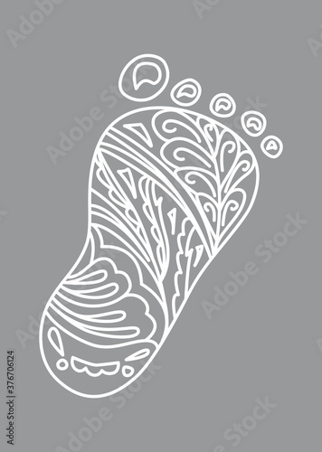 Human Foot print. Vector Illustration. Design element isolated on gray background. Zentangle and doodle style