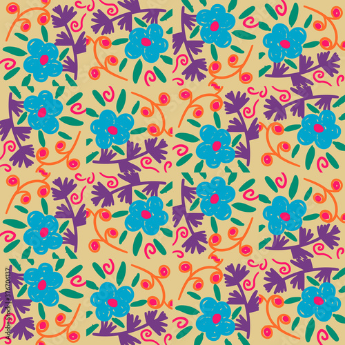 Cartoon abstract floral seamless pattern with flowers, branches and leaves. Floral tile background. Wrapping paper, textile. Vector illustration. 