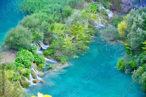 Plitvice, Croatia-July 2019. Plitvice Lakes National park waterfall, beautiful landscape with waterfalls, lakes and forest.Plitvice lake (Plitvicka jezera) natural national park, Croatia