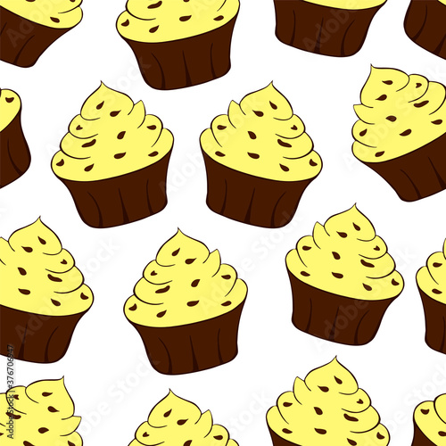 Wallpaper Mural Cupcakes with chocolate sprinkles isolated on white background. Sweet Dessert with yellow cream. Lemon, banana or vanilla taste. Seamless pattern.Vector illustration Torontodigital.ca