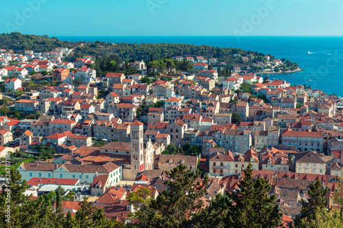 Aerial view of Hvar town on island, Adriatic sea, Croatia.