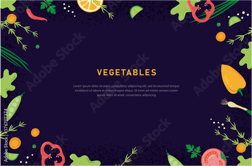 Vegetables. Design elements for  menu, certificate, organic and natural food stores, packaging and advertising. Poster with frame and borders decoration. 