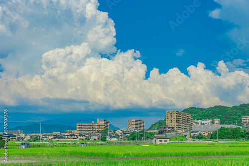 日本の夏と田舎と入道雲ある街並み