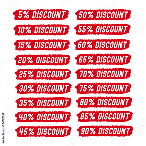 .Hand sketched DISCOUNT word as set. Sale tags 5% off, 10, 15, 20, 25, 30, 35, 40, 45, 50, 55, 60, 65, 70 percent label photo