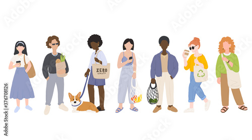 Zero waste life style. Cartoon women and men with natural eco products in linen bag and a string bag, shopping with zero pollution, concept healthy lifestyle isolated on white background