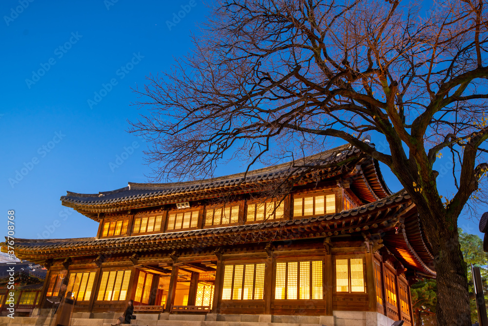 Deoksugung Palace at night.In Seoul, South Korea during the fall season Deoksugung Palace at night.In Seoul, South Korea during the fall season