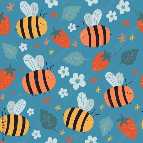 Seamless vector pattern with bees, strawberries, flowers on a blue background. Summer pattern. For wallpaper, textiles, fabric, paper. Repeated background for kids fabric. © Irina Ostapenko