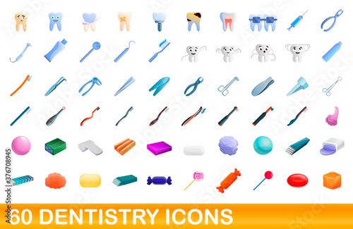 60 dentistry icons set. Cartoon illustration of 60 dentistry icons vector set isolated on white background