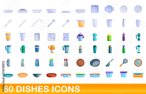 60 dishes icons set. Cartoon illustration of 60 dishes icons vector set isolated on white background