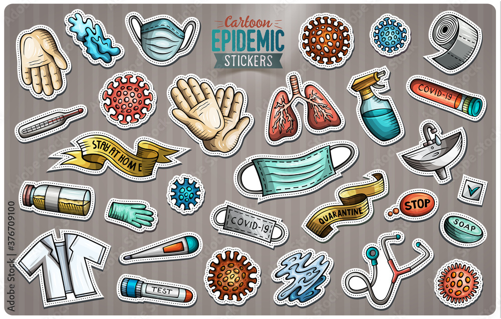 Doodle cartoon set of Epidemic theme stickers