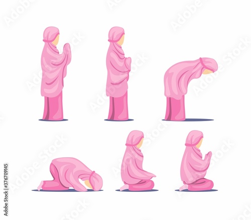 Muslim female praying position step guide instructions symbol, islam religious activity icon set in flat illustration isolated in white background Premium Vector