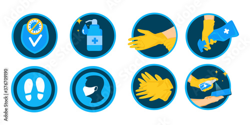 Set icons. Items Of protection against flu and coronavirus such as: antibacterial, mask, covered gloves, social distance, and more.