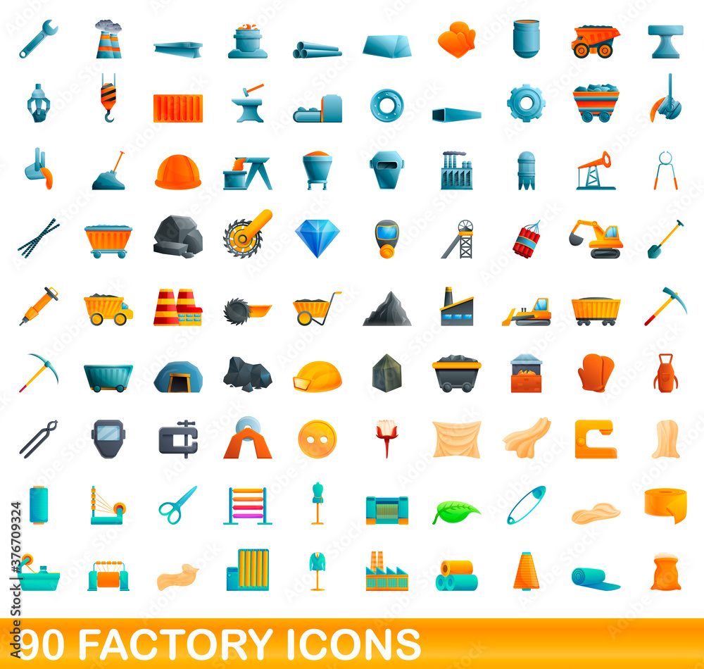 90 factory icons set. Cartoon illustration of 90 factory icons vector set isolated on white background 90 factory icons set. Cartoon illustration of 90 factory icons vector set isolated on white background