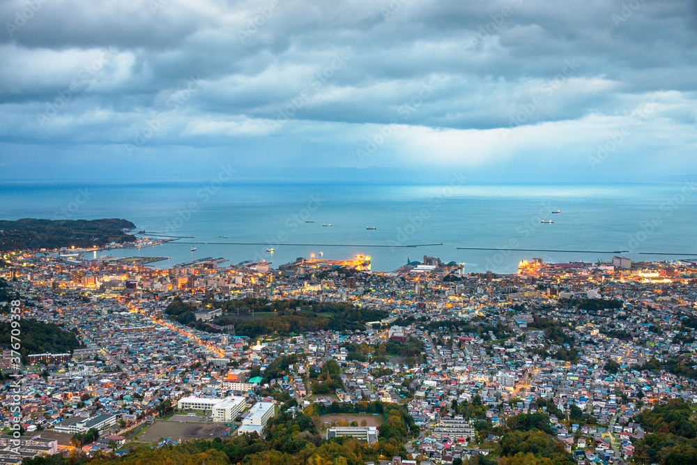 Otaru, Hokkaido, Japan town cityscape over Ishikari Bay