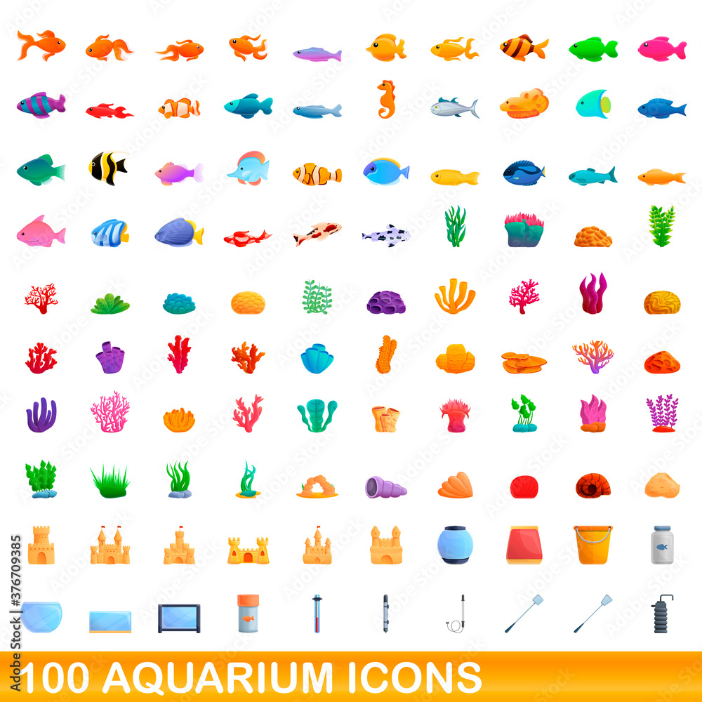 100 aquarium icons set. Cartoon illustration of 100 aquarium icons vector set isolated on white background