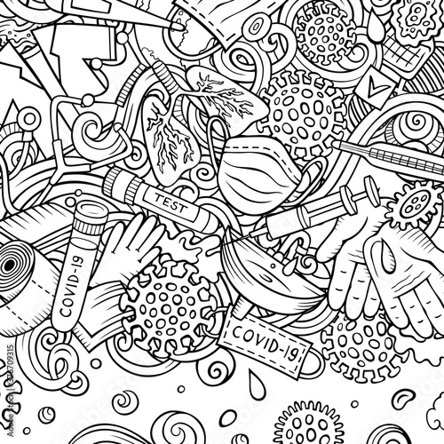 Coronavirus hand drawn vector doodles border