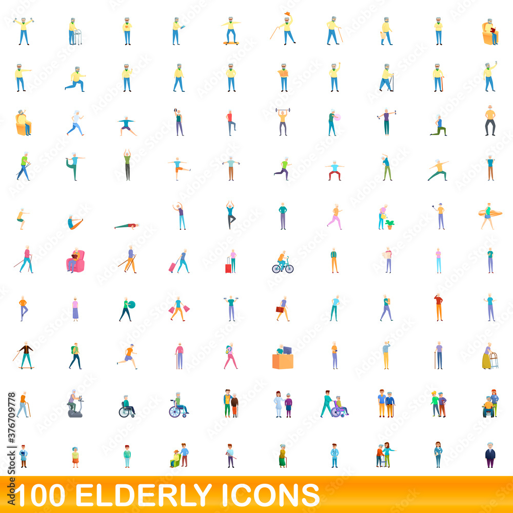 100 elderly icons set. Cartoon illustration of 100 elderly icons vector set isolated on white background