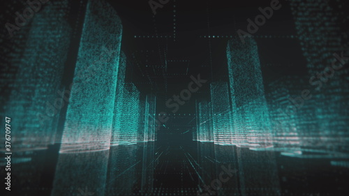 neon wireframe of abstract digital city business center with skyscrapers which consists of azure and white symbols on black background. 3d rendering 4K video.