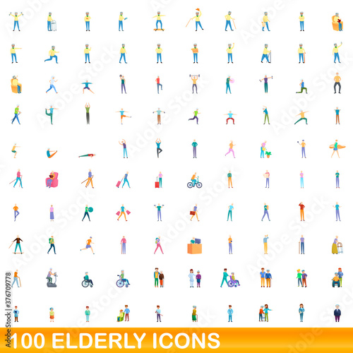100 elderly icons set. Cartoon illustration of 100 elderly icons vector set isolated on white background © nsit0108