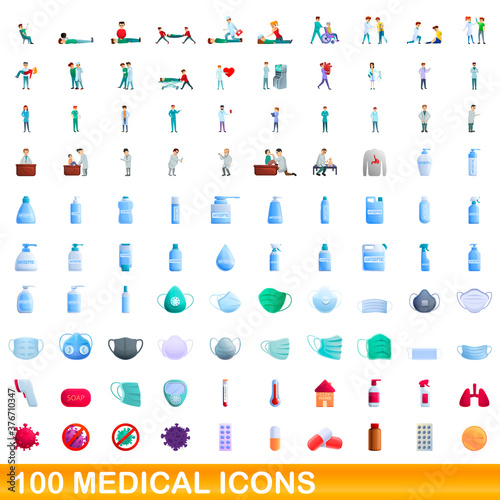 100 medical icons set. Cartoon illustration of 100 medical icons vector set isolated on white background