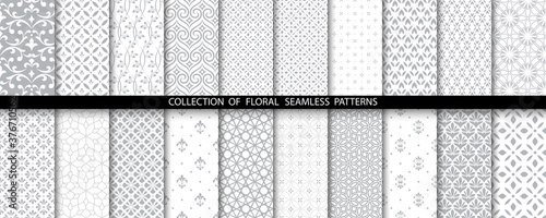Geometric floral set of seamless patterns. Gray and white vector backgrounds. Simple illustrations.