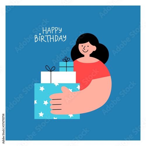 Smiling young woman holds gift boxes flat vector illustration. Hand-drawn postcard with happy birthday lettering phrase. Art for greeting cards, web banner, social media, sticker, or print.