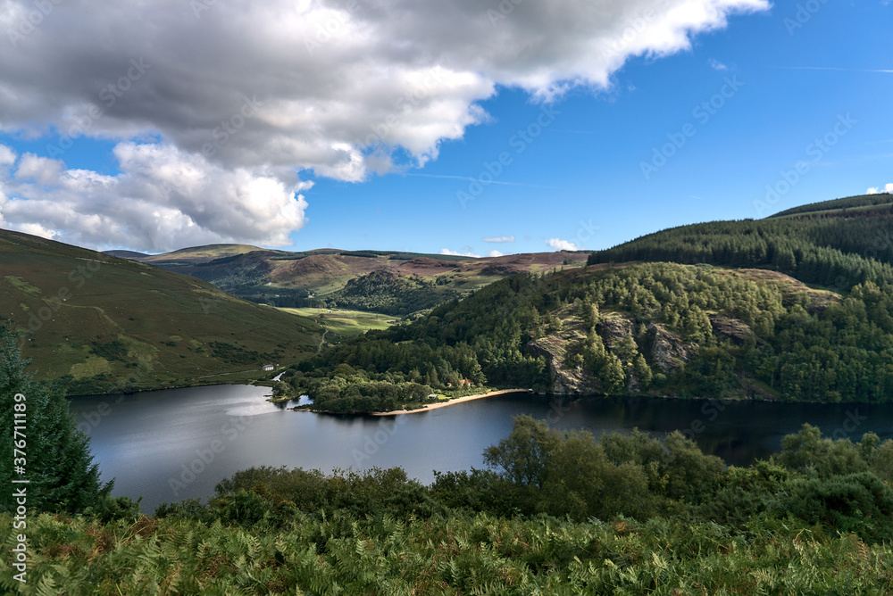 Lake surrounded by hills. Beautiful view on mountains around Lough Dan Lake, Wicklow Mountains, Ireland