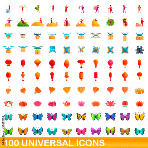 100 universal icons set. Cartoon illustration of 100 universal icons vector set isolated on white background