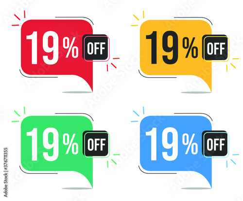19% off. Red, yellow, green and blue tags with nineteen percent discount. Banner with four colorful balloons with special offers vector.