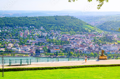 Rochusberg mountain hill and Bingen am Rhein town, aerial view from platform in forest on Niederwald broad hill on right bank of Rhine river, Rhineland-Palatinate and Hesse states, Germany photo