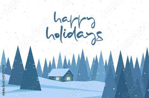 VectorWinter christmas flat landscape with cartoon house and handwritten lettering of Happy Holidays.
