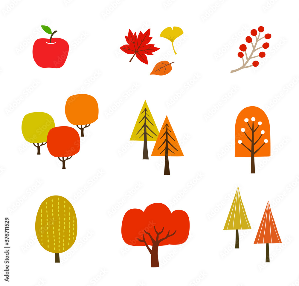 秋の紅葉や木々アイコンセット 手描き Stock Vector Adobe Stock