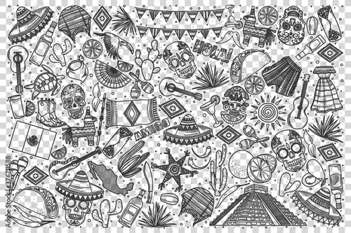 Mexico doodle set. Collection of hand drawn sketches templates of mexican culture architecture and national cuisine on transparent background. Latin american country tratidions illustration.