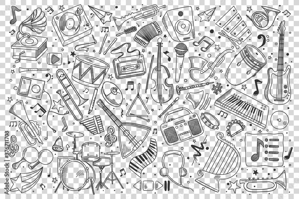 Music doodle set. Collection of hand drawn sketches templates drawing patterns of musical instrument piano drums guitar flute saxophone on transparent background. Creative occupation illustration.