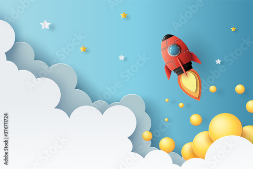 Paper art style of rocket flying in space, start-up concept, design banner template, flat-style vector illustration.