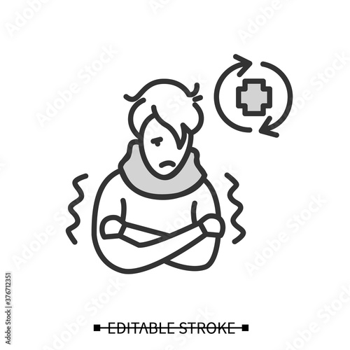 Sick person icon. Covid re-ill patient suffering shivers and fever, diseased patient line pictogram. Covid disease repeated infection and immunity failure illustration. Editable stroke vector