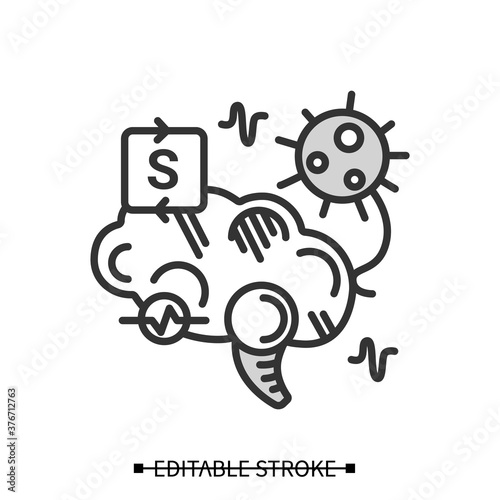 Brain damage icon. Covid disease molecule attack brain line pictogram. Concept of corona virus neurology symptoms danger, cerebral dysfunction and encephalopathy. Editable stroke vector illustration
