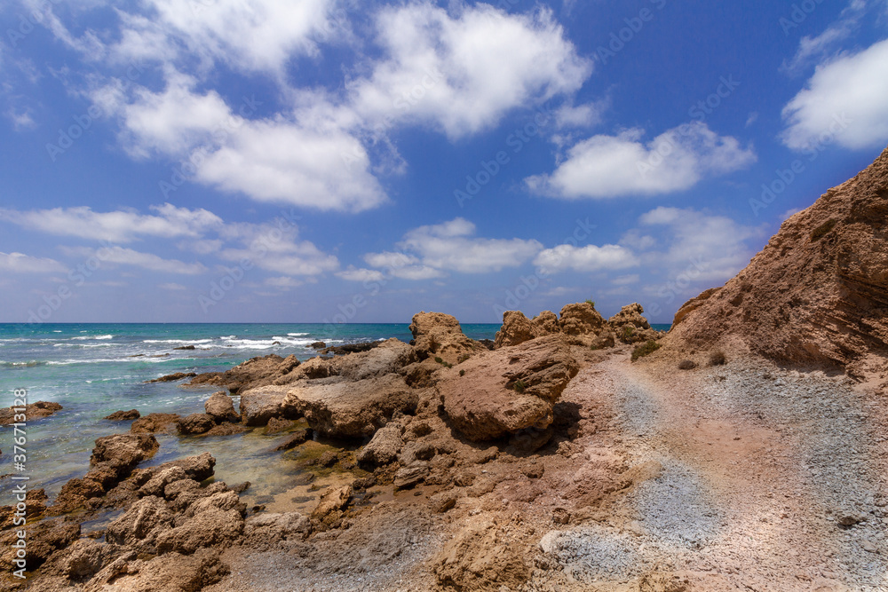 Large beautiful cliffs on the Mediterranean coast. Israel.