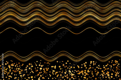 Golden wavy stripes and spatters on black background. Horizontal curvy lines. Digital illustration