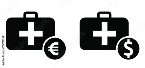Medical expenses Flat vector coins sign Finances billing label, financial banking concept Health Care and money concept icon Deposit pictogram Healthy safety first Healthcare costs and fees hospital