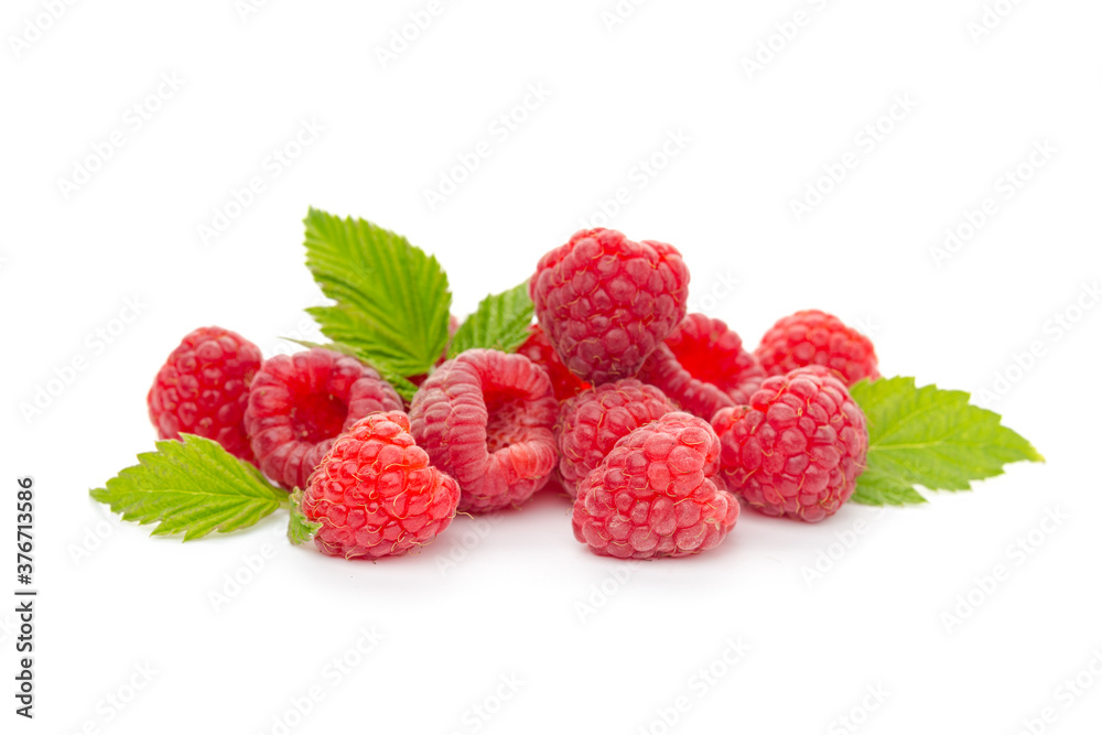  raspberries with leaf isolated on a white background